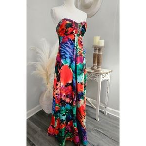 Deb Orange Green Floral Satin Beaded Sweetheart Strapless Formal Maxi Gown Dress